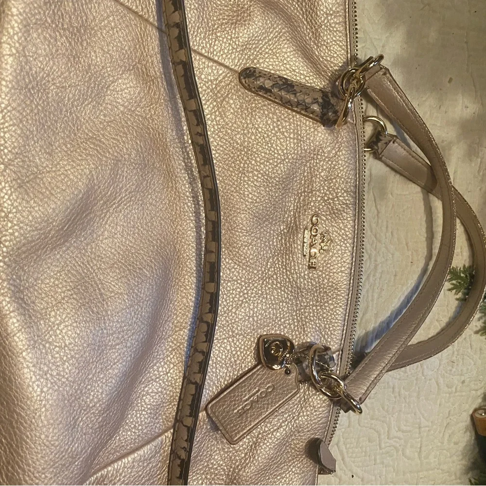 Coach Kelsey Satchel Metallic Platinum/Gold Leather Bag with Reptile Trim - Picture 9 of 14